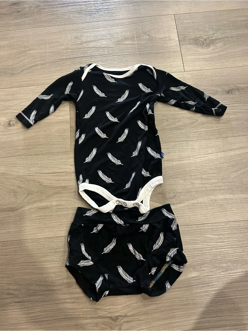 6-12 month Kickee Pants Black Bodysuit with White Feather Detail